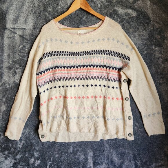 Caslon Winter Sweater Womens Large Knit Wool Blend Fair Isle Off White Buttons - Picture 2 of 10